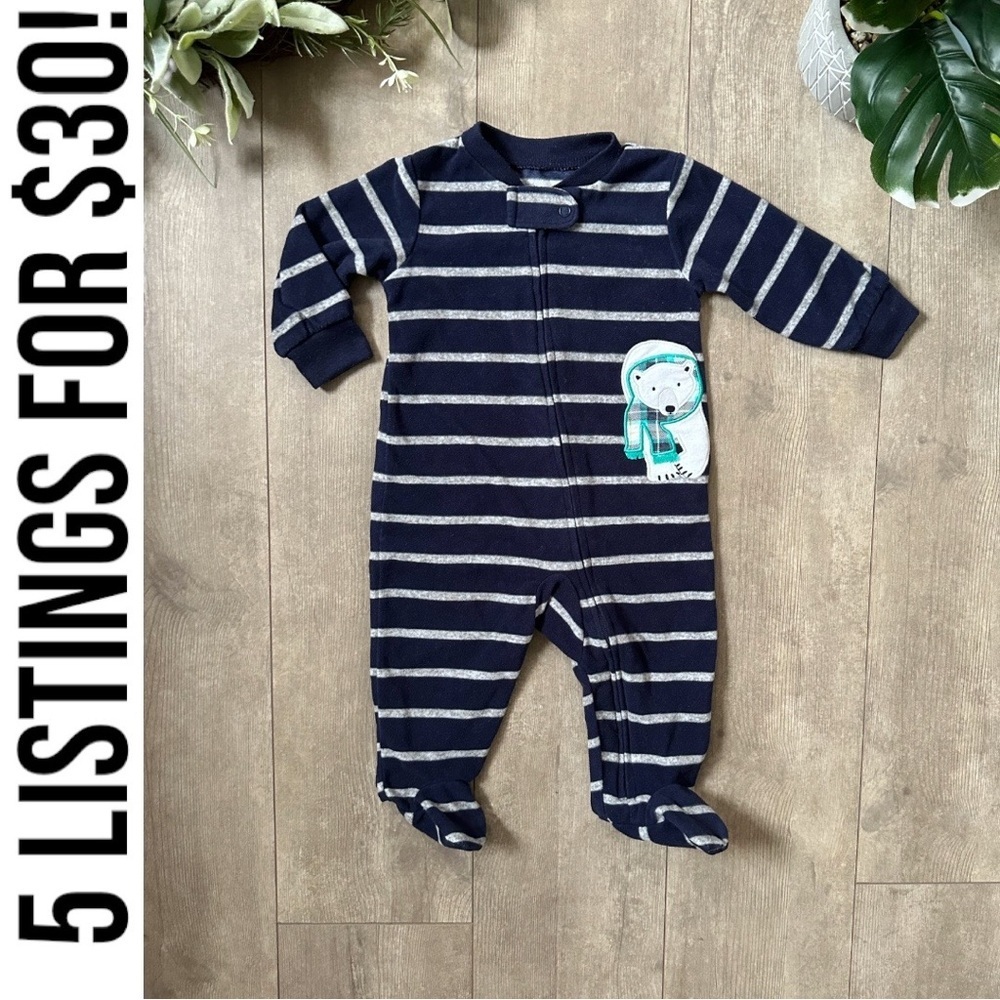 Carter’s Baby Boy Polar Bear Striped Fleece Zip Footies Sleeper Sleep Play 6 Mo